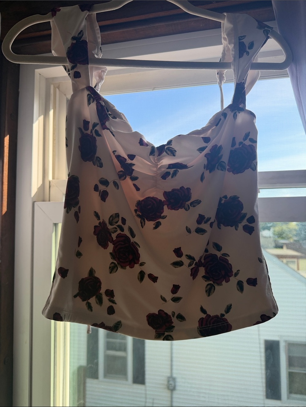 Garage White Floral Ruched Cami Top with Dark Rose Print